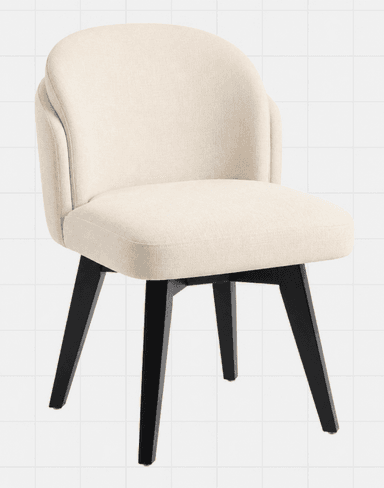 A contemporary upholstered swivel chair featuring a rounded backrest that seamlessly integrates into short, curved armrests. The seat is plush and rectangular with softened corners. It rests on a four-legged base made of dark, splayed, and tapered legs, with a visible swivel mechanism connecting the seat to the base. The chair is upholstered in a light, cream-colored, textured fabric. — 3D model