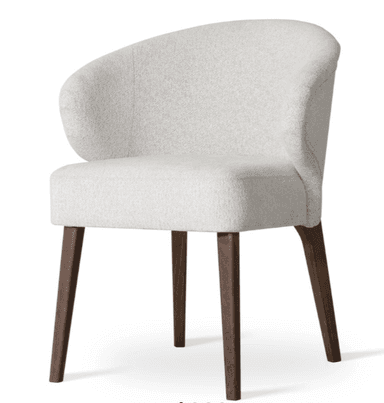 An upholstered dining chair featuring a curved backrest that seamlessly integrates into armrests, all covered in a light, textured fabric. The chair is supported by four dark brown, tapered wooden legs. — 3D model