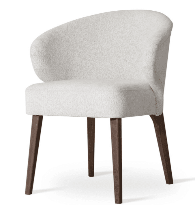 An upholstered dining chair featuring a curved backrest that seamlessly integrates into armrests, all covered in a light, textured fabric. The chair is supported by four dark brown, tapered wooden legs. — 3D model