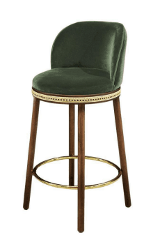 A contemporary bar stool featuring dark green velvet upholstery on the seat and a gently curved backrest. The base of the seat is adorned with a woven cane trim, adding a touch of Art Deco-inspired detail. The stool stands on four tapered wooden legs, finished in a dark brown tone, and includes a circular brass footrest for comfort and stability. — 3D model