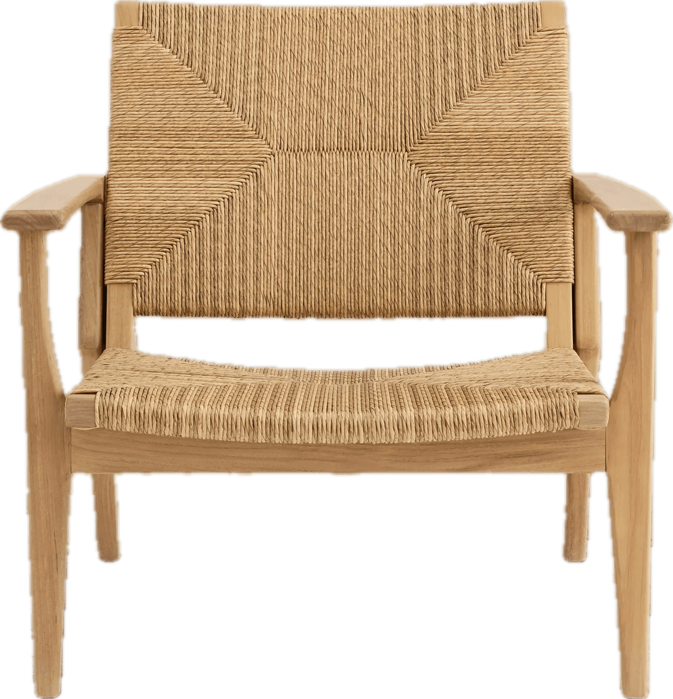 A light-toned wooden armchair featuring a rectangular backrest and a contoured seat, both intricately woven with natural paper cord or rush. The chair has a solid wood frame with clean lines, integrated armrests, and subtly tapered legs, reflecting a contemporary or Scandinavian design aesthetic. — 3D model