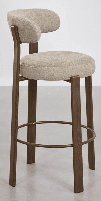 A contemporary bar stool featuring a dark wood frame, an upholstered seat, and a contoured upholstered backrest. It includes a circular metal footrest for comfort and stability. — 3D model