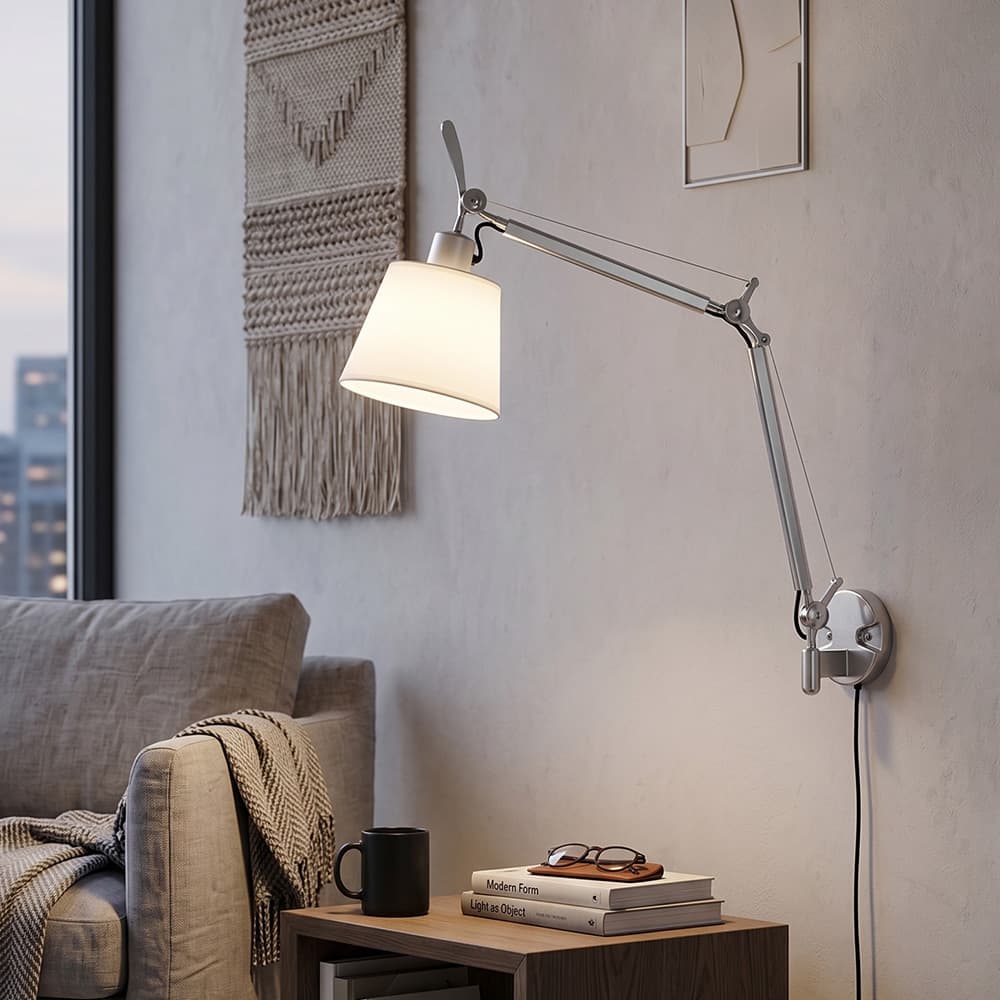 A wall-mounted lamp featuring a brushed silver-grey metal articulated arm with spring-balanced tension cables, and a conical white fabric shade. The lamp has a plug-in cord extending from its wall-mounted base. — 3D model