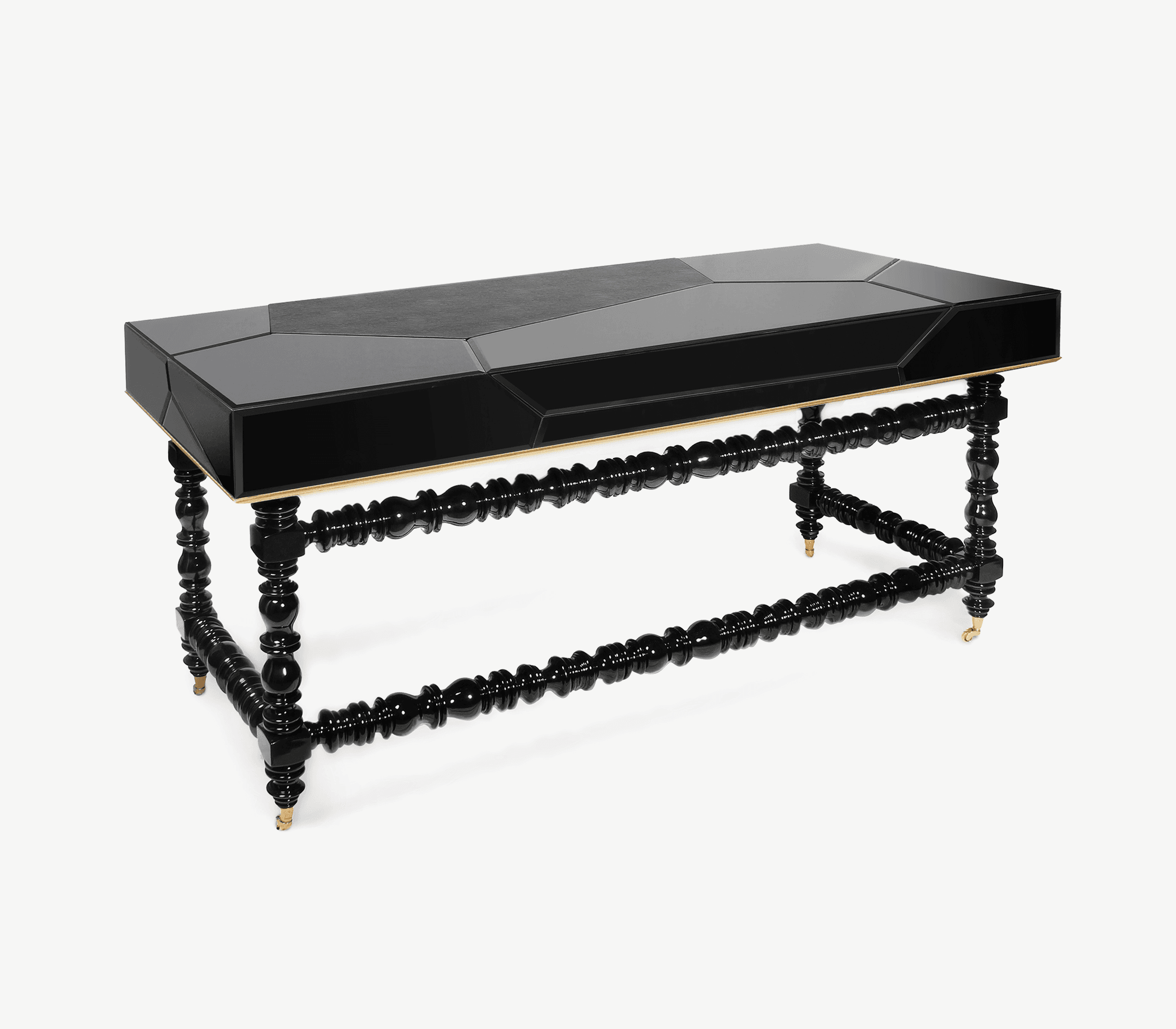 A rectangular console table featuring a glossy black finish with a segmented, geometric top surface. The apron beneath the top has a gold-toned trim. The table is supported by four ornately turned black legs, connected by similarly turned stretchers. The legs terminate in brass-colored feet. — 3D model