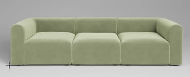A contemporary three-seater modular sofa upholstered in a light green fabric. The design features a blocky silhouette with rounded track arms that flow into a low, integrated backrest. The sofa is composed of three distinct modular sections. — 3D model
