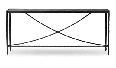 A long, narrow console table featuring a dark, textured rectangular top supported by a slender black metal frame. The frame includes distinctive X-shaped cross-bracing elements for stability and an industrial aesthetic. — 3D model