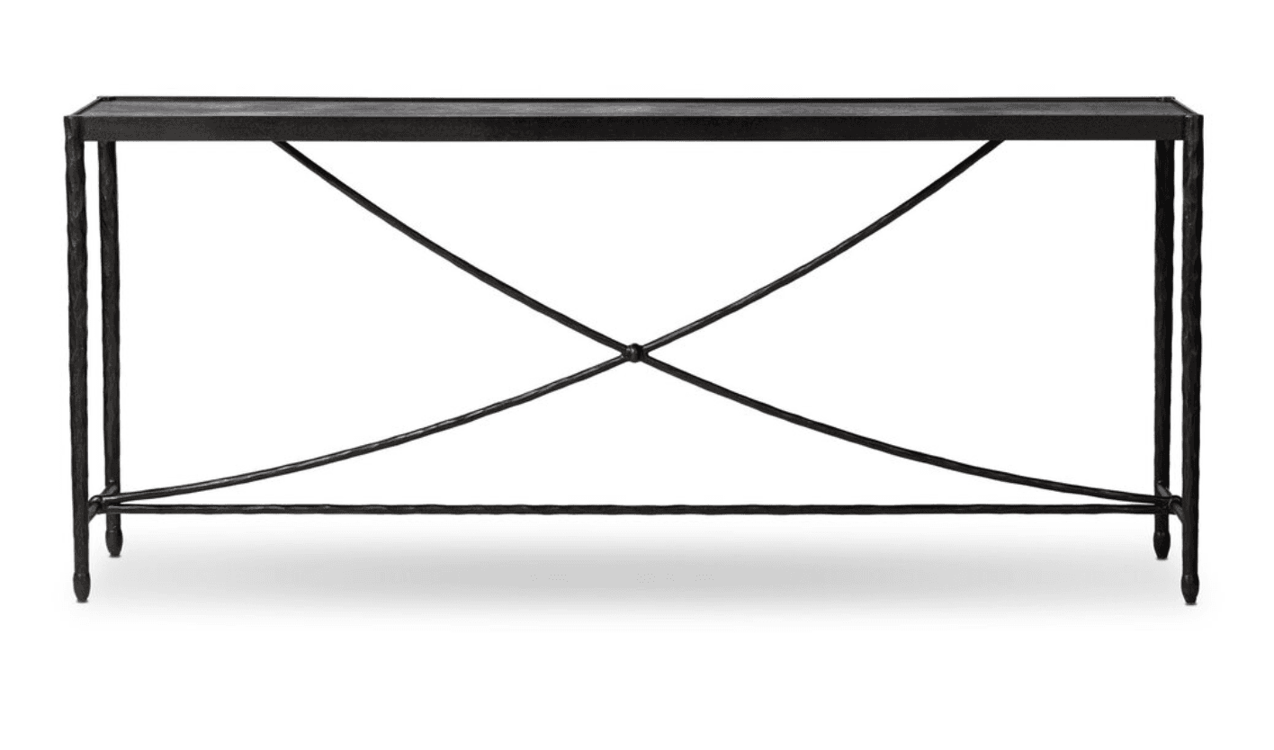 A long, narrow console table featuring a dark, textured rectangular top supported by a slender black metal frame. The frame includes distinctive X-shaped cross-bracing elements for stability and an industrial aesthetic. — 3D model