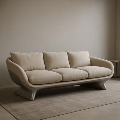A modern three-seater sofa featuring light beige fabric upholstery on the seat and back cushions. The sofa is supported by a distinctive, sculptural silver-toned metal base that curves upwards to meet the upholstered frame, creating a sleek and contemporary profile. The armrests are gently curved and integrated seamlessly with the backrest. — 3D model
