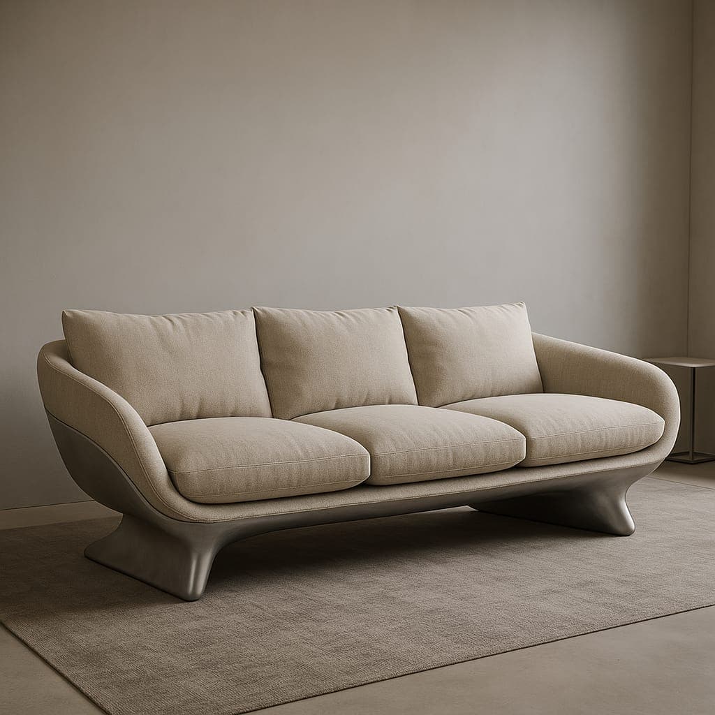 A modern three-seater sofa featuring light beige fabric upholstery on the seat and back cushions. The sofa is supported by a distinctive, sculptural silver-toned metal base that curves upwards to meet the upholstered frame, creating a sleek and contemporary profile. The armrests are gently curved and integrated seamlessly with the backrest. — 3D model