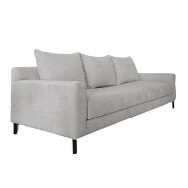 A three-seater sofa with a modern design, featuring a rectangular silhouette, plush seat cushions, and three loose back cushions. The sofa is upholstered in a light gray, textured fabric and is supported by thin, black, angled legs. — 3D model