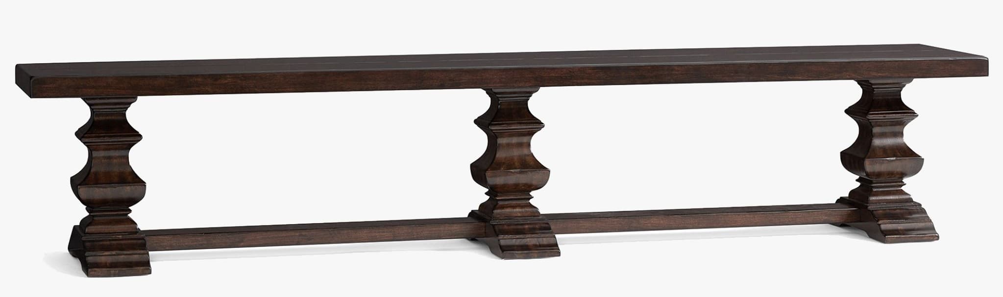 A long, rectangular console table with a dark brown finish. It features a solid top and is supported by two decorative pedestal legs, connected by a lower stretcher. The legs have a classical, baluster-like shape with multiple tiers of carved details, culminating in a stepped base. — 3D model