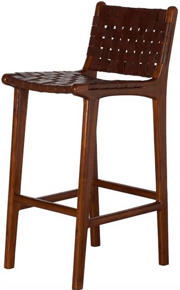A tall bar stool featuring a solid wood frame with a dark brown finish and a seat and backrest made from woven reddish-brown leather strips. The stool has four tapered legs connected by stretchers forming a footrest around the perimeter. The backrest is low and slightly curved. — 3D model