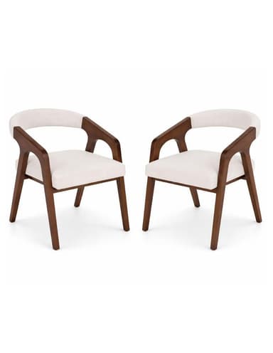 A contemporary dining armchair featuring a solid wood frame with a dark brown finish, a curved upholstered backrest, and an upholstered seat. The chair has integrated wooden armrests that flow from the back, and four splayed, tapered wooden legs. — 3D model