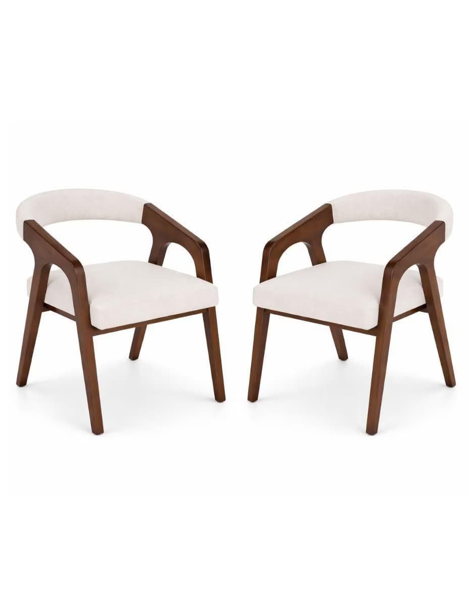 A contemporary dining armchair featuring a solid wood frame with a dark brown finish, a curved upholstered backrest, and an upholstered seat. The chair has integrated wooden armrests that flow from the back, and four splayed, tapered wooden legs. — 3D model
