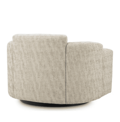 An upholstered armchair with a rounded, plush design and a visible swivel base, covered in a light, textured fabric. — 3D model