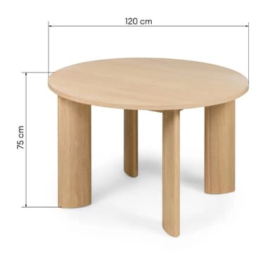 A round dining table crafted from light-toned wood, featuring a circular tabletop supported by four thick, sculptural legs. The legs have a unique curved profile, presenting a minimalist and contemporary aesthetic. The natural wood grain is visible throughout, indicating a solid wood construction or high-quality veneer. — 3D model