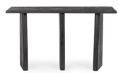 A narrow, rectangular console table crafted from dark, distressed wood. It features a thick tabletop and is supported by three robust, rectangular slab legs, presenting a minimalist and rustic aesthetic. — 3D model