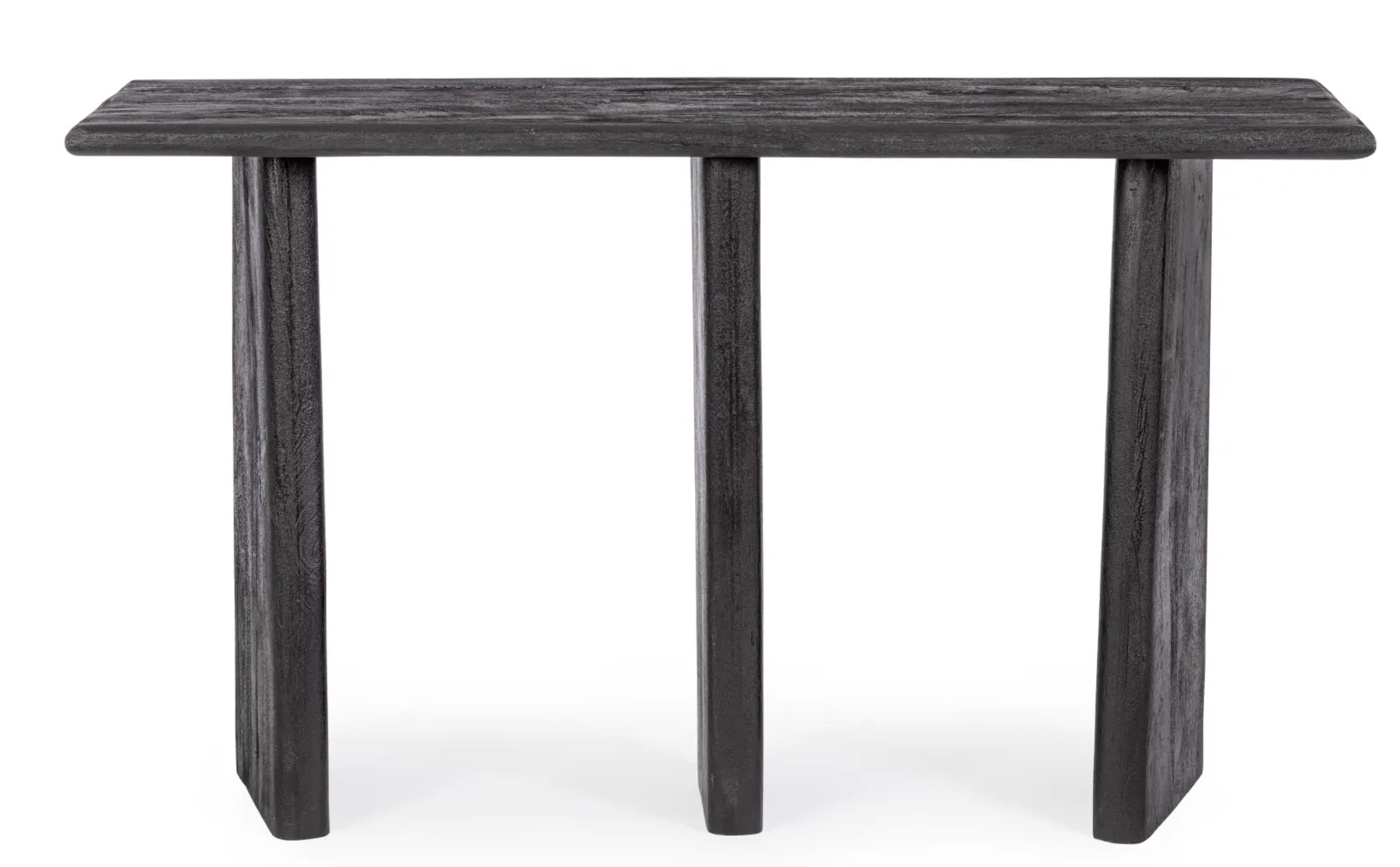 A narrow, rectangular console table crafted from dark, distressed wood. It features a thick tabletop and is supported by three robust, rectangular slab legs, presenting a minimalist and rustic aesthetic. — 3D model