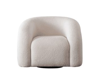 A contemporary armchair featuring a distinctive, fully upholstered design with rounded, volumetric forms. The chair is covered in a cream-colored, textured boucle fabric, giving it a soft and inviting appearance. It has integrated arms and a continuous base, appearing to rest directly on the floor without visible legs. — 3D model