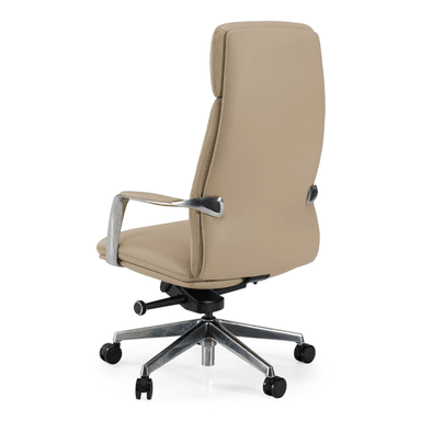 An executive high-back office chair upholstered in beige leather with polished metal accents. It features a padded headrest, ergonomic armrests, and a five-star base with casters for mobility. The chair includes a swivel mechanism and appears to have height adjustment capabilities. — 3D model