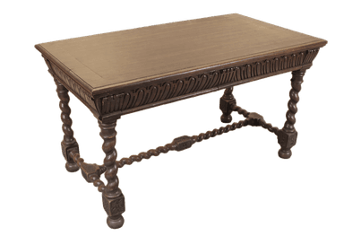 A rectangular console table crafted from dark wood, featuring a deeply carved apron with ornate scrollwork. It stands on four distinctive barley twist legs connected by matching barley twist stretchers, terminating in square blocks and turned feet. The design evokes a traditional, possibly Jacobean Revival aesthetic. — 3D model