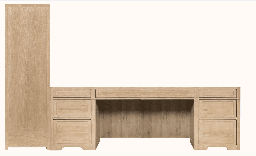 A large, light-colored wooden desk with an attached tall cabinet on the left side. The desk features a long, flat surface with drawers integrated into its structure. Specifically, there are three drawers on the left side of the desk and three drawers on the right side, all featuring simple recessed panel fronts. The central area of the desk is open, providing legroom. The attached cabinet is tall and narrow, with a single door or panel on its front. The overall design is rectilinear with clean lines and a minimalist aesthetic. — 3D model