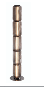 A tall, slender floor lamp featuring a column composed of multiple stacked, translucent fluted cylindrical segments, supported by a circular metallic base and topped with a dark cap. — 3D model