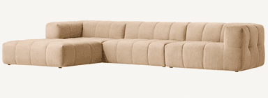 A contemporary modular sectional sofa featuring a right-hand facing chaise lounge, upholstered in a light beige fabric. The design is characterized by its deep channel tufting, creating a distinctive segmented appearance across the seat, back, and arms. The sofa comprises several interconnected units, allowing for flexible configuration, and sits on discreet, low-profile feet. Its plush, rounded form suggests comfort and a modern aesthetic. — 3D model