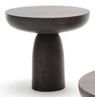 A modern, dark-stained wooden side table with a rounded, shallow bowl-shaped top supported by a solid, bulbous pedestal base. The wood grain is clearly visible, suggesting a natural material. — 3D model