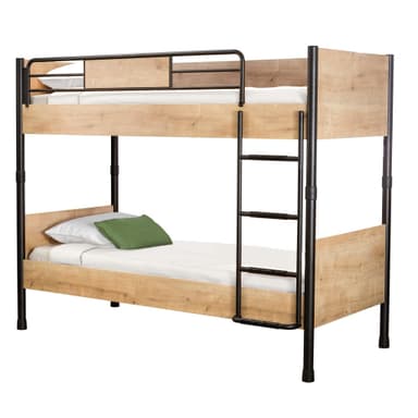 A bunk bed designed for two mattresses, featuring a metal frame with wooden-effect panels. The structure consists of two stacked beds, a ladder for access to the upper bunk, and a safety rail on the upper bunk. The lower bunk has a headboard panel and side rails. The frame is constructed from black metal tubing, and the panels are a light wood grain laminate. — 3D model