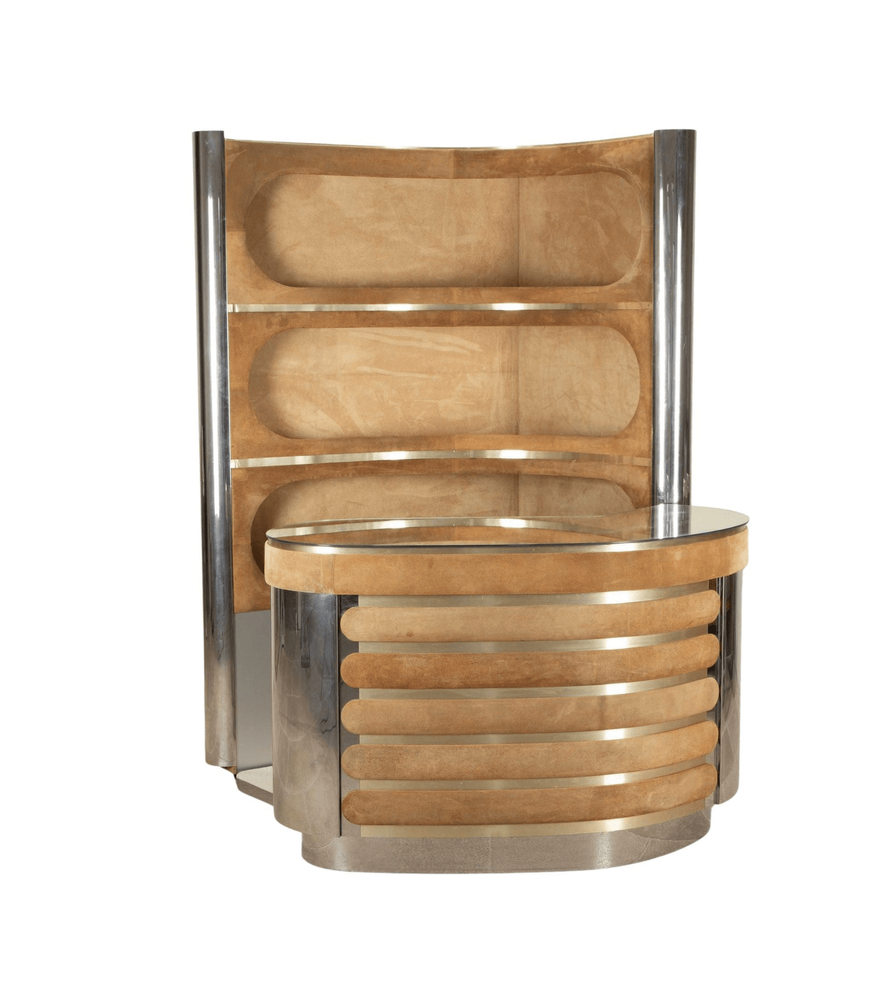 A vintage bar with a curved counter and shelving unit. The counter features horizontal segmented upholstery in a light brown material, accented by thin metallic bands. The shelving unit behind the counter has recessed oval shelves lined with a similar light brown material and supported by vertical chrome-plated elements. The overall construction suggests a decorative and functional piece, possibly designed for a lounge or entertainment space. — 3D model