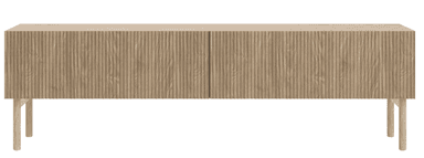 A long, rectangular, low-profile storage unit in a light wood finish, featuring fluted front panels and supported by four slender, cylindrical legs. — 3D model