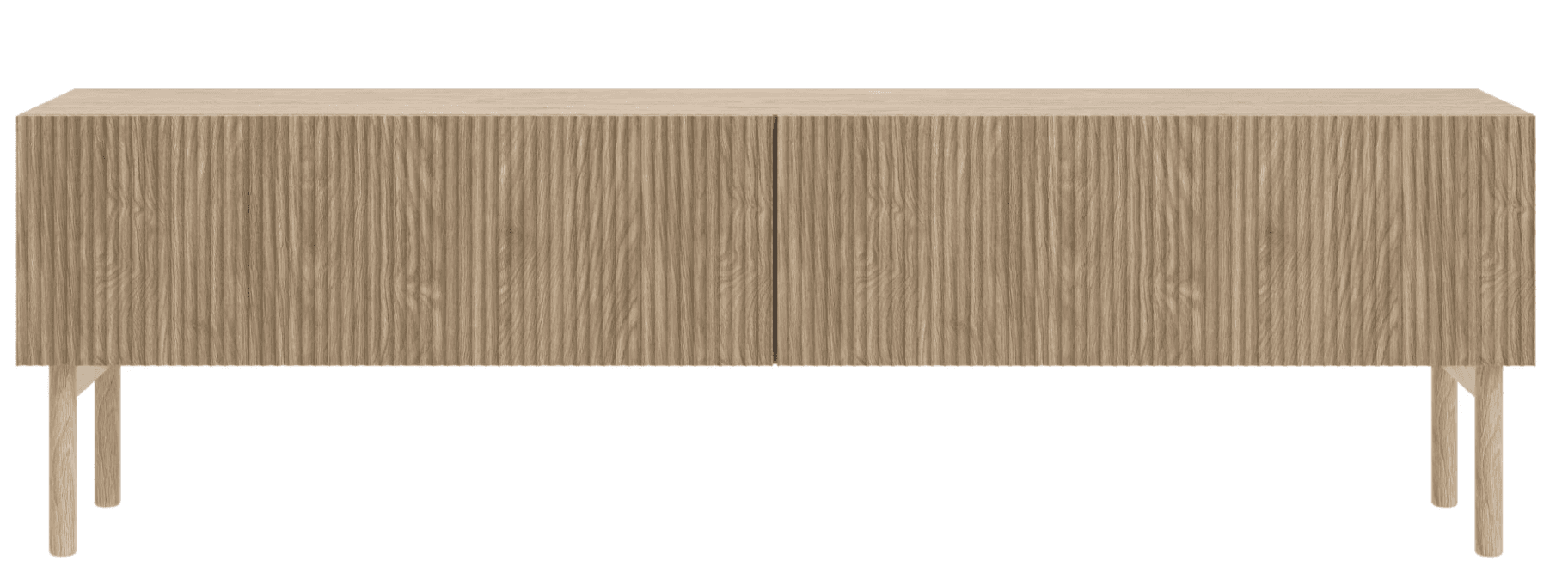 A long, rectangular, low-profile storage unit in a light wood finish, featuring fluted front panels and supported by four slender, cylindrical legs. — 3D model