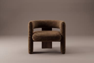 A contemporary lounge chair featuring a plush, textured bouclé-like upholstery in a warm brown hue. The chair has a rounded, minimalist form with integrated arms and backrest, creating a continuous, inviting silhouette. It is supported by a robust, dark wooden plinth-style base that provides a contrast to the soft upholstery. — 3D model