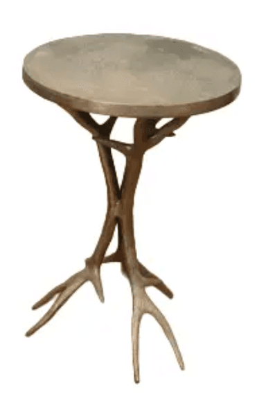 A round-top side table with a base designed to resemble tree branches or antlers. The tabletop is flat and circular, exhibiting a textured gray surface. The base is multi-legged, with slender, branching supports that spread out at the bottom, mimicking organic growth. The finish of the base suggests a metallic material with a patina. — 3D model