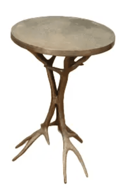 A round-top side table with a base designed to resemble tree branches or antlers. The tabletop is flat and circular, exhibiting a textured gray surface. The base is multi-legged, with slender, branching supports that spread out at the bottom, mimicking organic growth. The finish of the base suggests a metallic material with a patina. — 3D model