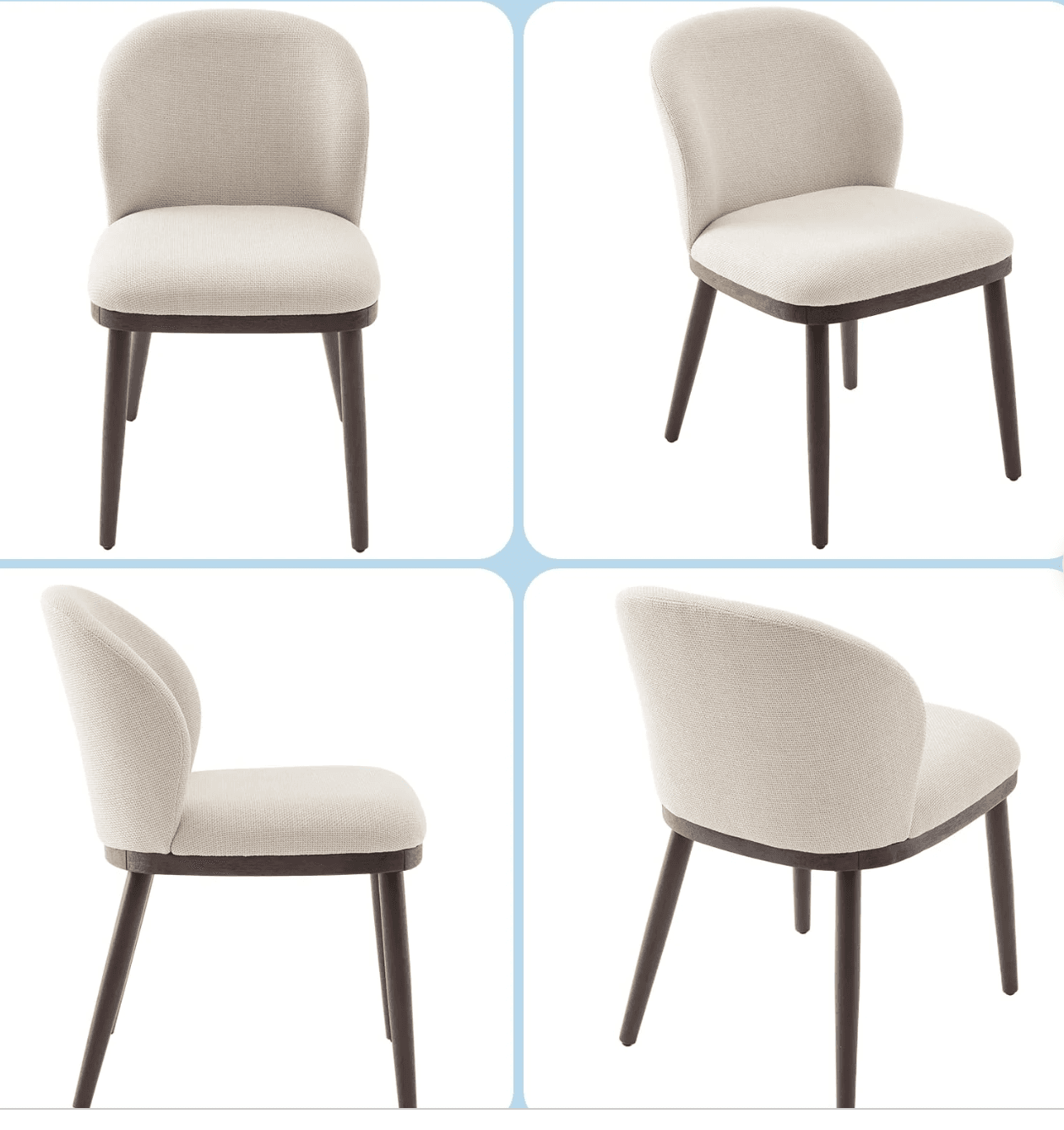 A modern armless chair featuring a fully upholstered seat and back in a light, textured fabric, supported by a dark wood frame and four splayed, tapered wooden legs. — 3D model