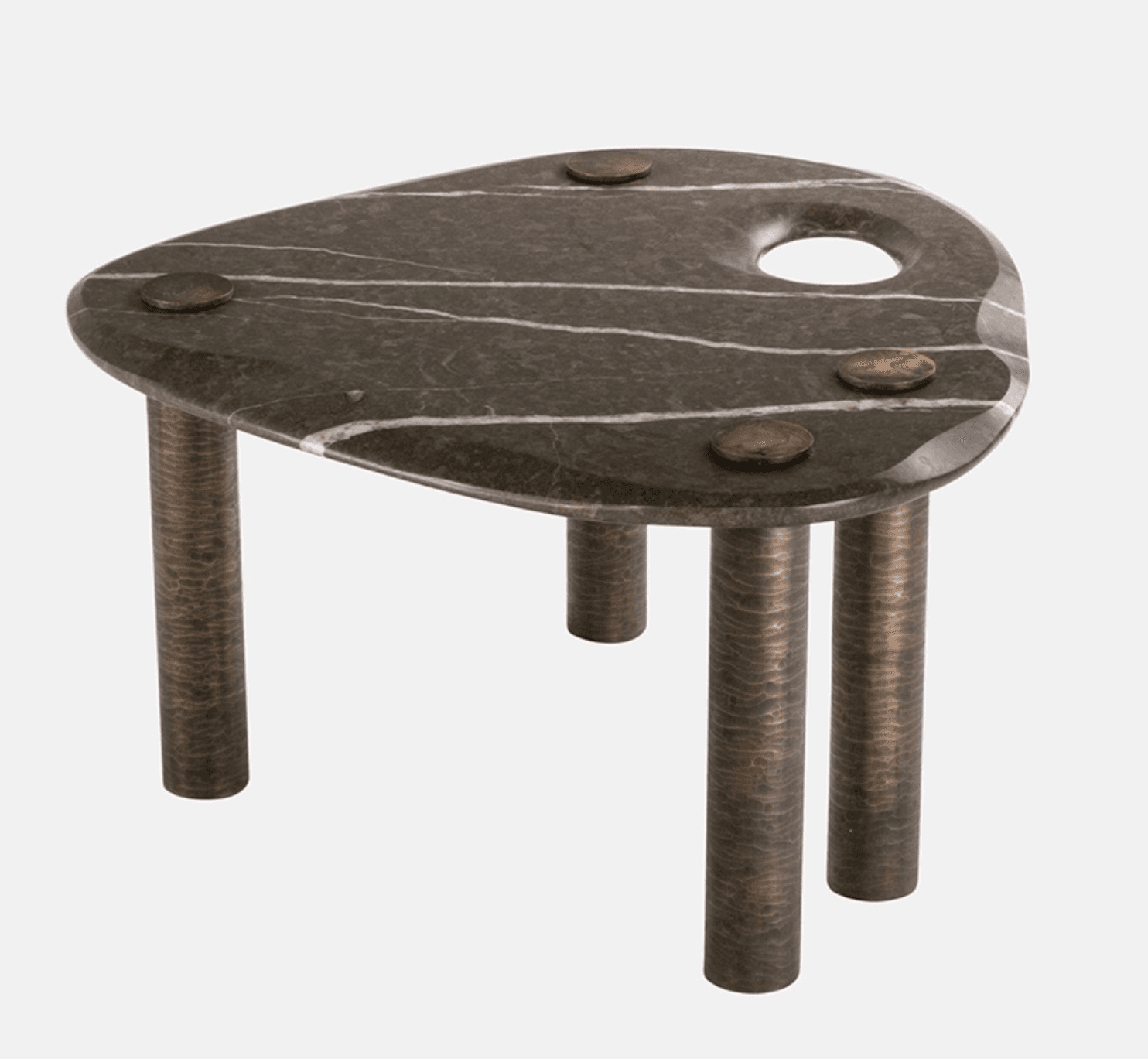 An asymmetrical side table with a freeform, organic-shaped top and three cylindrical legs. The tabletop features a distinctive vein pattern and a central, irregular opening. Four circular metallic inlays are visible on the tabletop surface. — 3D model