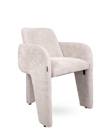 An upholstered armchair with a modern design. The chair features a low profile, wide seat, and gently curved arms that integrate into the base. The backrest is slightly reclined. The legs are substantial and have an angular, somewhat sculptural form, tapering slightly towards the floor. — 3D model