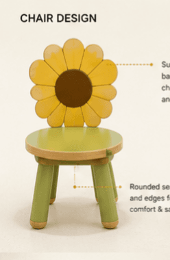 A vibrant green, yellow, and brown child's chair featuring a distinctive sunflower-shaped backrest. The chair has a round, flat seat and four sturdy, tapered legs, all primarily painted green. Natural wood accents are visible around the rim of the seat and at the feet of the legs. Its design is playful and well-suited for a child's environment. — 3D model