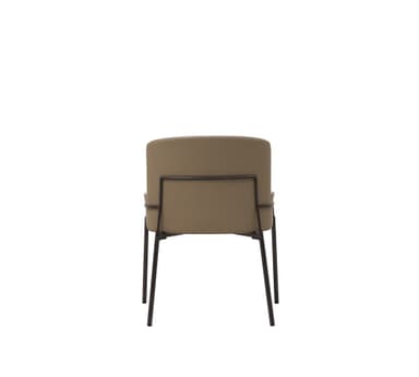 A contemporary dining armchair featuring a sleek metal frame, upholstered backrest in textured light grey fabric, and a contrasting lighter beige seat and integrated armrests, likely in faux leather or leather. — 3D model