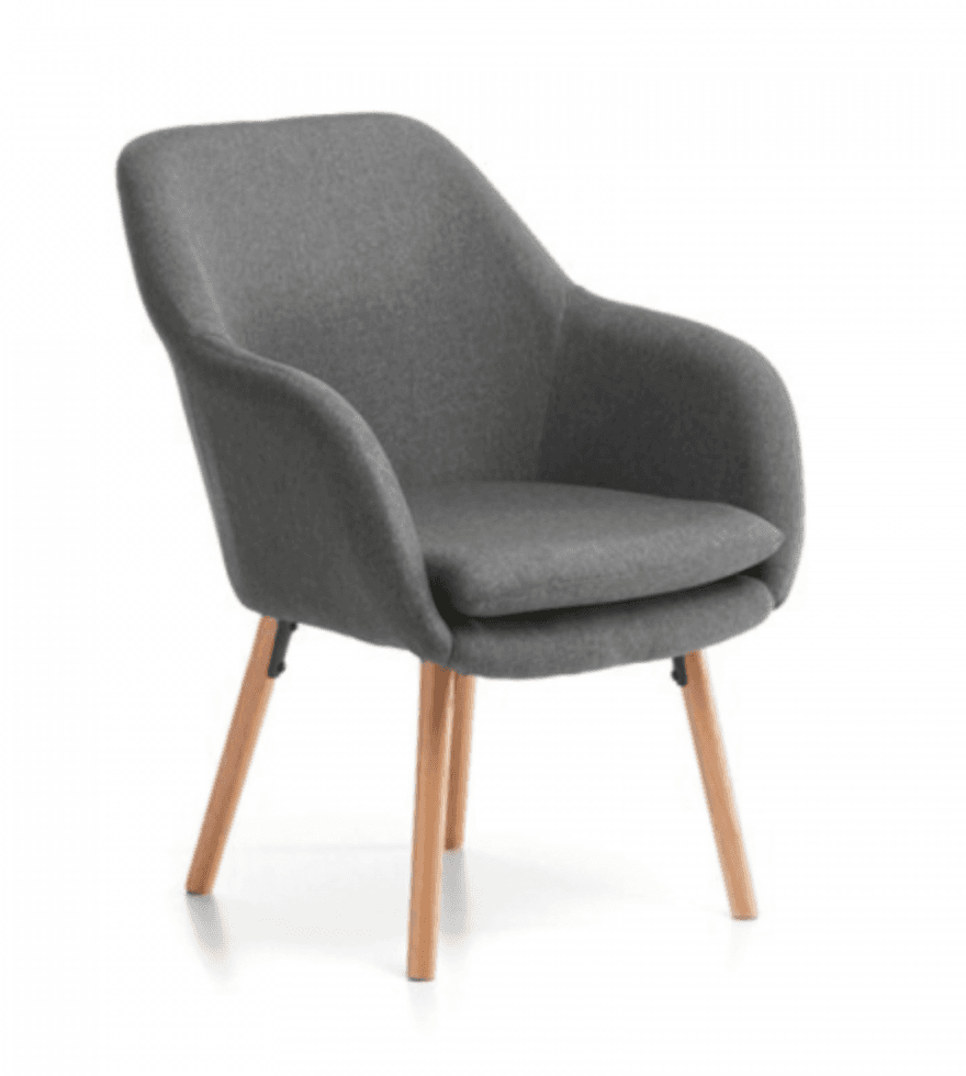 A modern armchair featuring a curved back and integrated arms, upholstered in grey fabric, and supported by splayed, tapered wooden legs. — 3D model