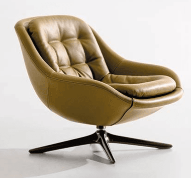 A modern lounge chair with a swivel base. The chair features a distinctive curved shell design upholstered in dark leather. The base is a polished metal four-star pedestal. — 3D model