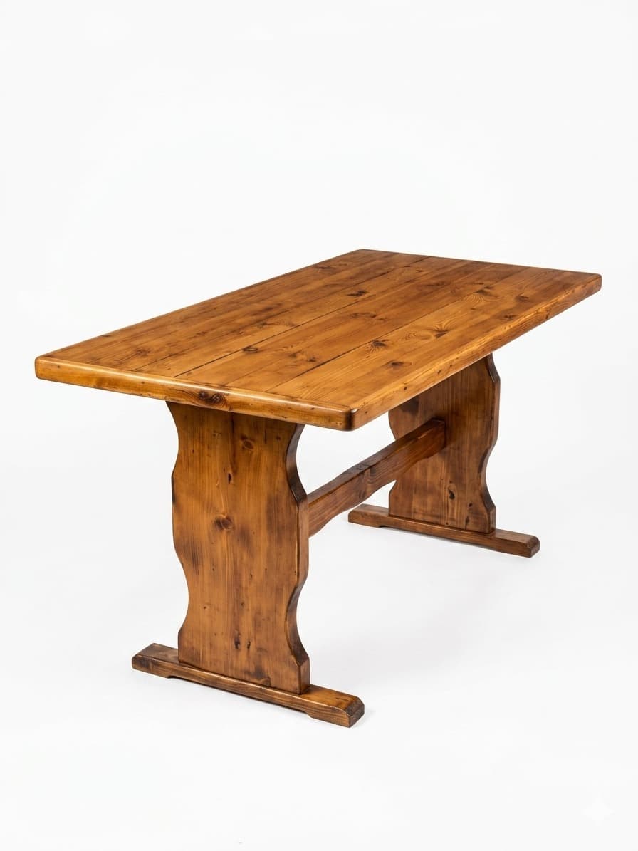 A wooden dining table with a rectangular, plank-style tabletop and two trestle-style legs connected by a central stretcher. The wood has a visible grain and knot pattern, finished with a warm, medium-brown stain. — 3D model