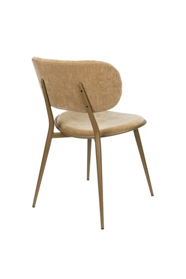 A dining chair with a curved backrest and a seat upholstered in textured fabric. The chair features slim, tapered legs and a supporting frame made of metal. — 3D model