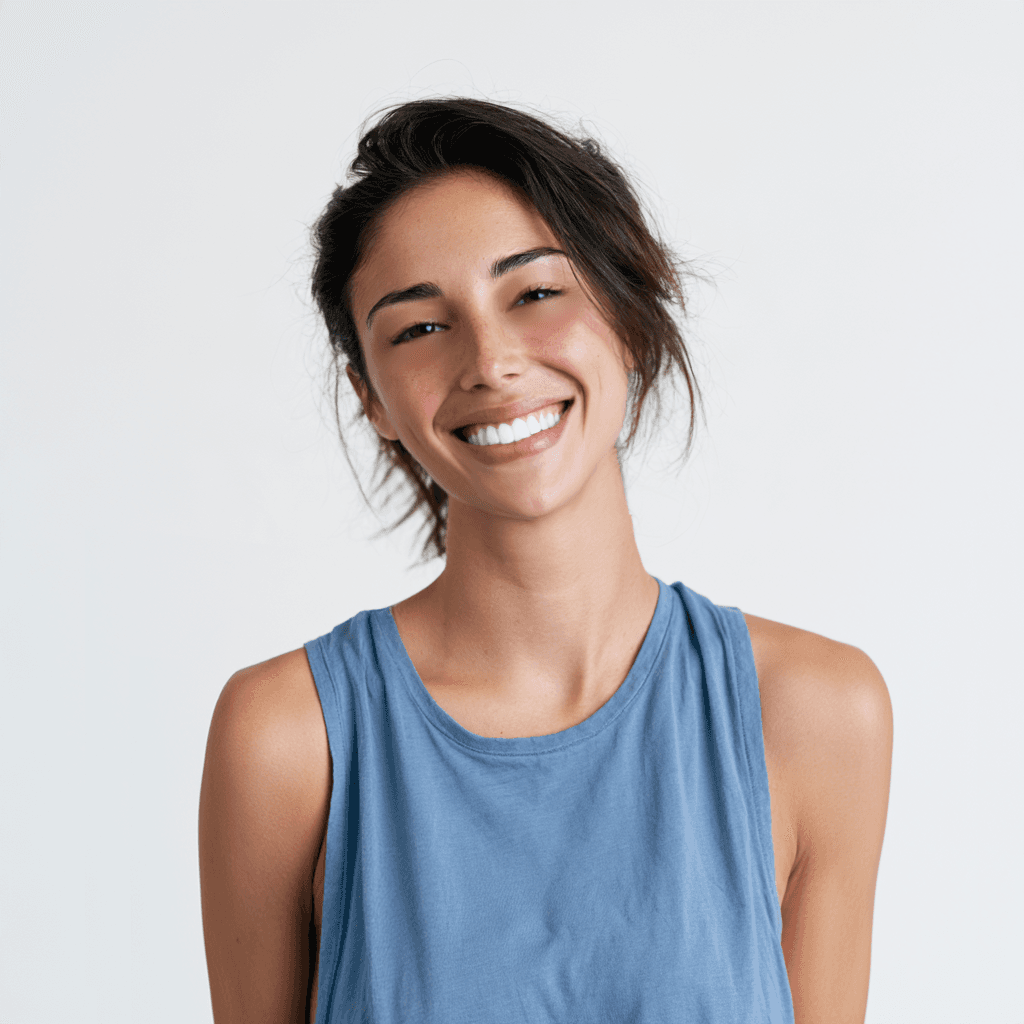 A digital rendering of a stylized female bust, depicting the head, shoulders, and upper torso of a young woman with a smiling expression, freckles, and dark hair in a ponytail, wearing a blue scoop-neck top. — 3D model