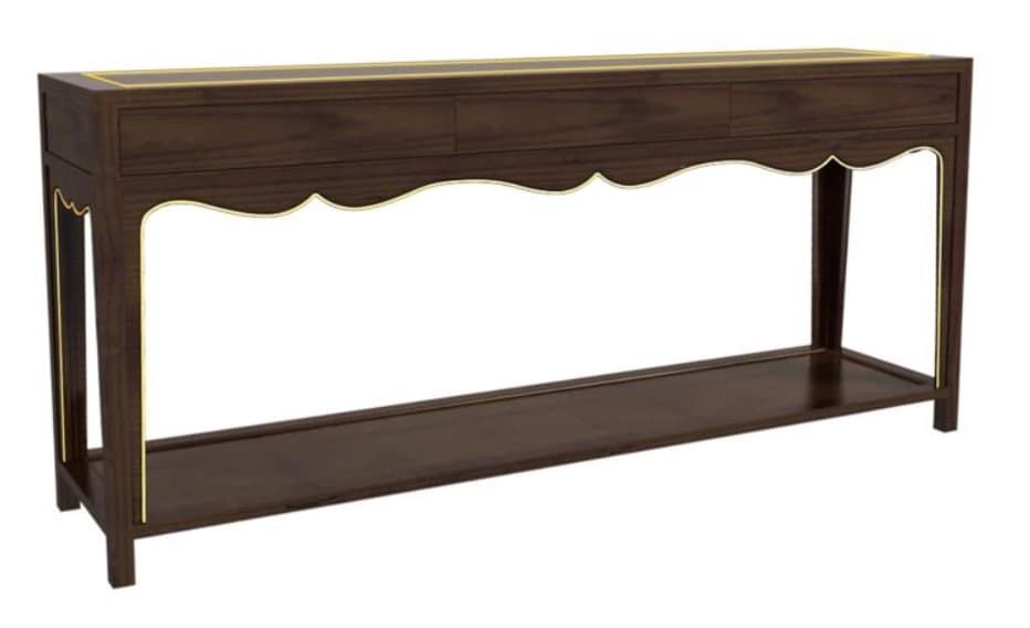 A long, narrow dark wood console table featuring three drawers, a lower shelf, and distinctive scalloped apron detailing. The table is adorned with brass-colored trim along its edges, apron, and legs. — 3D model