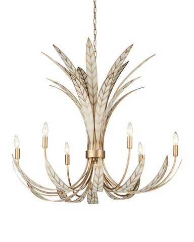 A luxurious chandelier featuring a central column from which multiple arms extend, adorned with intricate, leaf-like elements. The fixture is predominantly gilded in a rich gold finish, complemented by off-white or cream accents on the stylized leaves, which also feature a delicate patterned texture. It is equipped with eight candle-style light bulbs, arranged symmetrically to provide ample illumination. The chandelier is suspended by a chain, indicating it is designed for ceiling installation. — 3D model