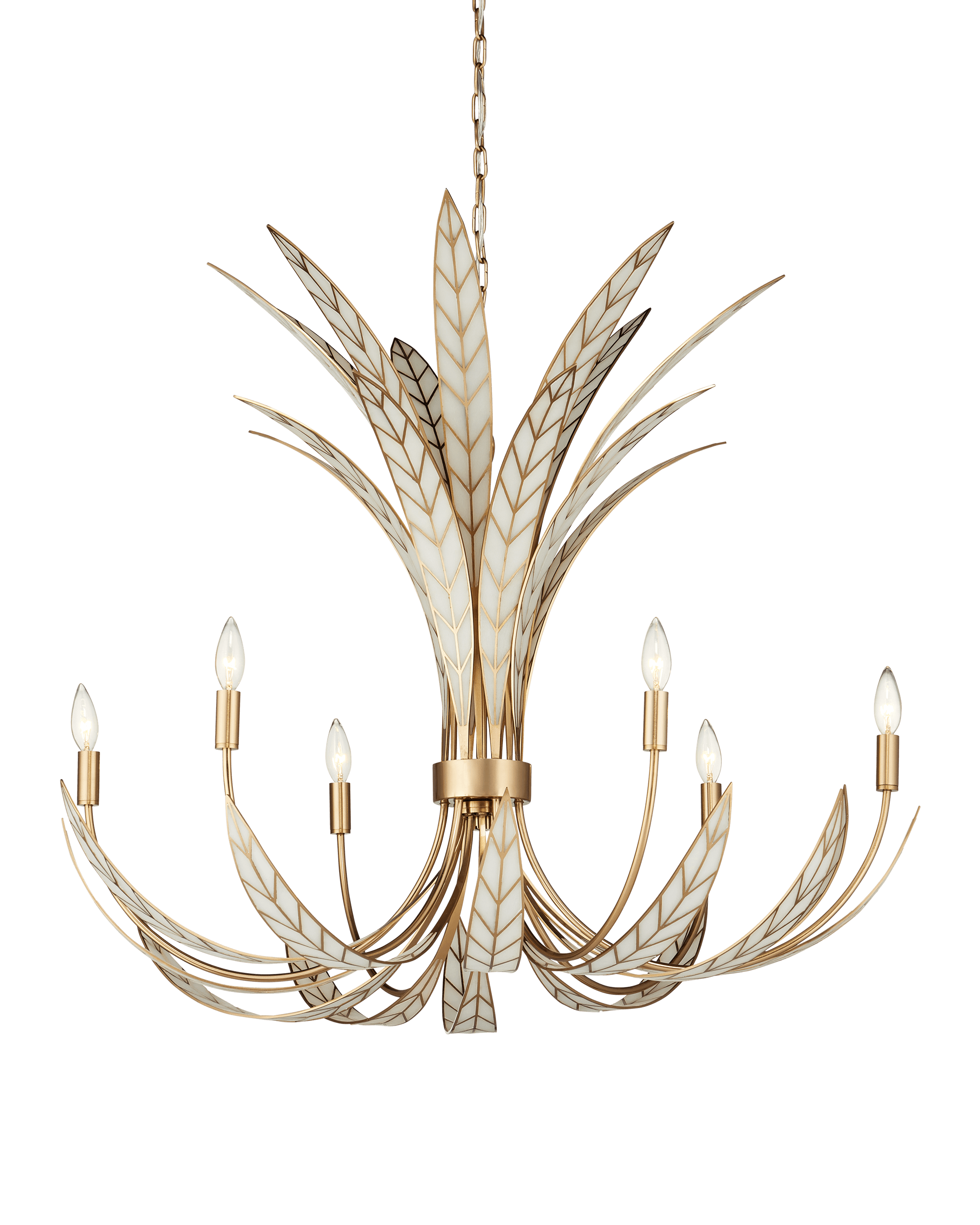 A luxurious chandelier featuring a central column from which multiple arms extend, adorned with intricate, leaf-like elements. The fixture is predominantly gilded in a rich gold finish, complemented by off-white or cream accents on the stylized leaves, which also feature a delicate patterned texture. It is equipped with eight candle-style light bulbs, arranged symmetrically to provide ample illumination. The chandelier is suspended by a chain, indicating it is designed for ceiling installation. — 3D model