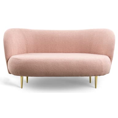 A modern sofa with a rounded back and seat, upholstered in a textured boucle fabric. It is supported by four slender, angled metal legs. — 3D model